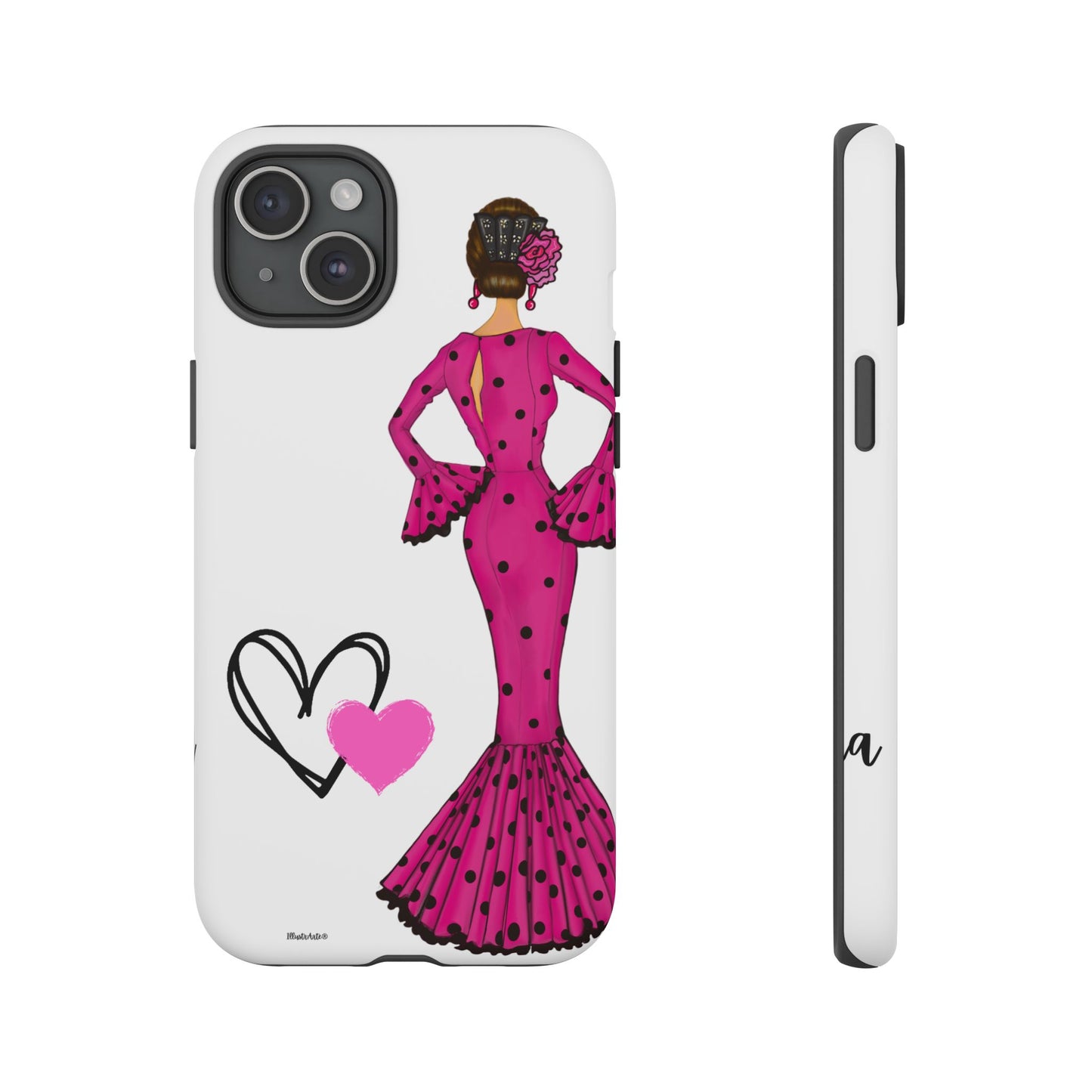 una funda de teléfono con una mujer en un vestido rosa