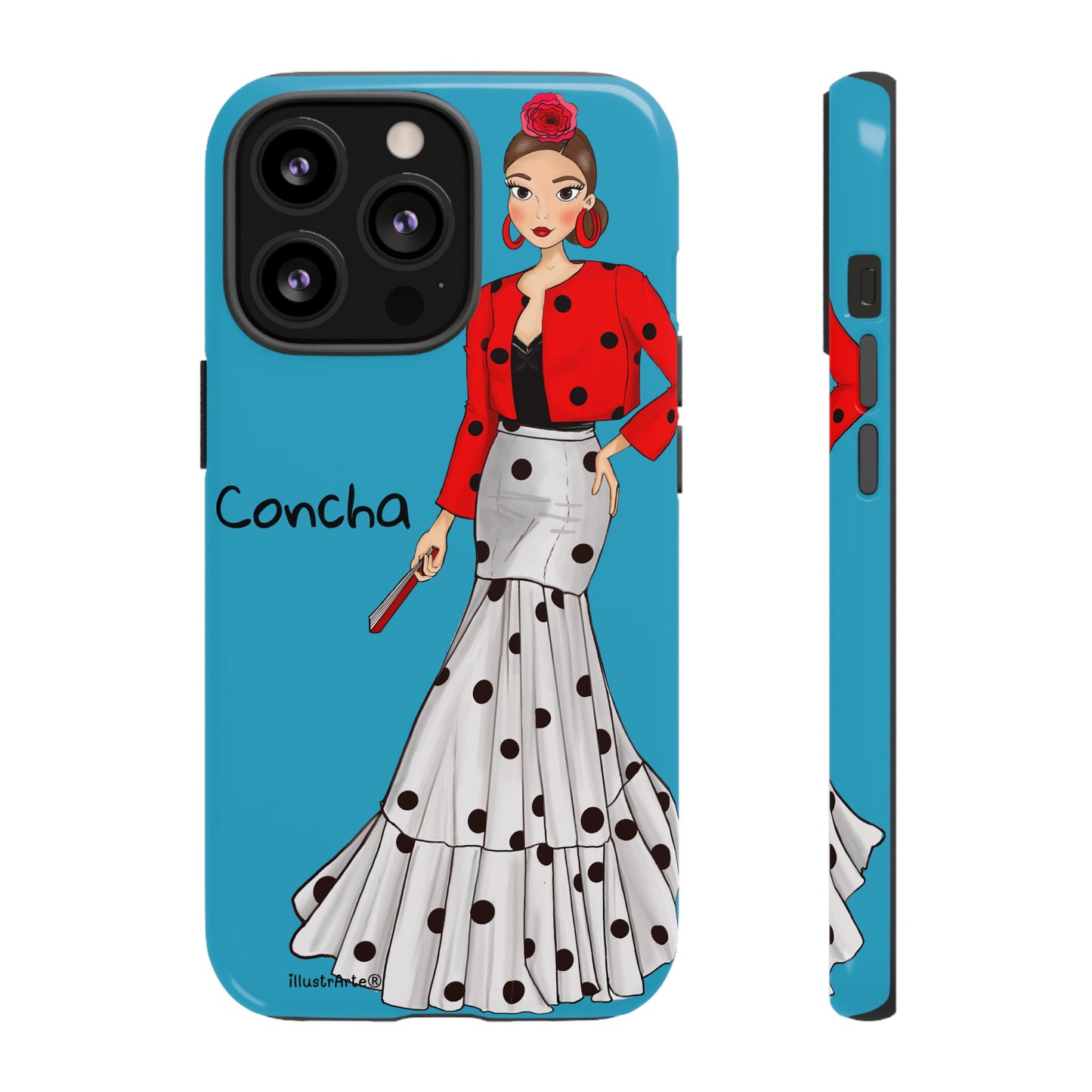 Funda de teléfono con nombre, Modelo Conchita fondo azul, que reúne estilo y protección.