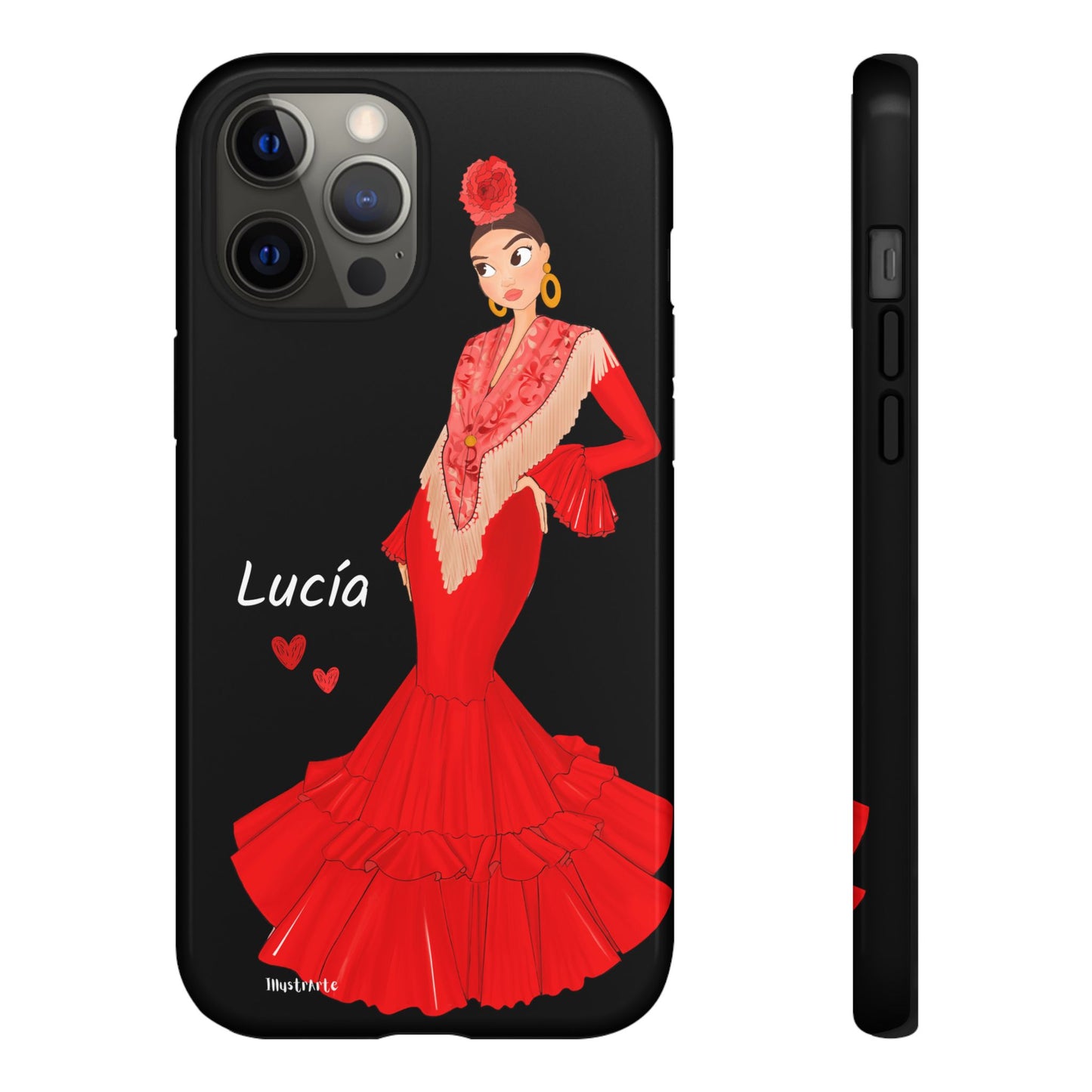 una funda de teléfono con una mujer en un vestido rojo