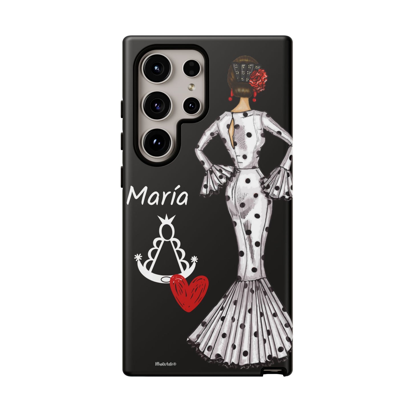 una funda de teléfono en blanco y negro con una imagen de una mujer en lunares