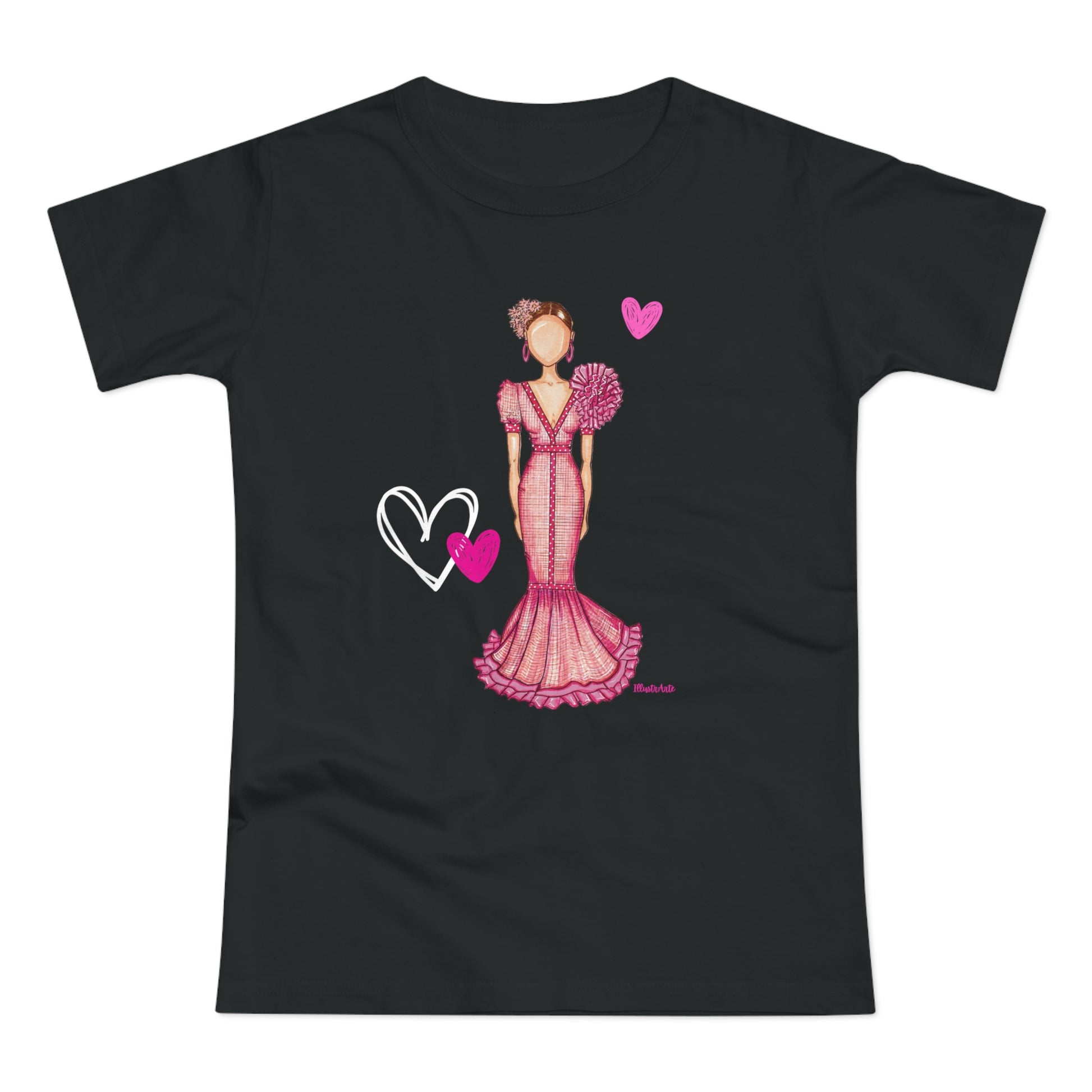 a black t - shirt with a woman in a pink dress