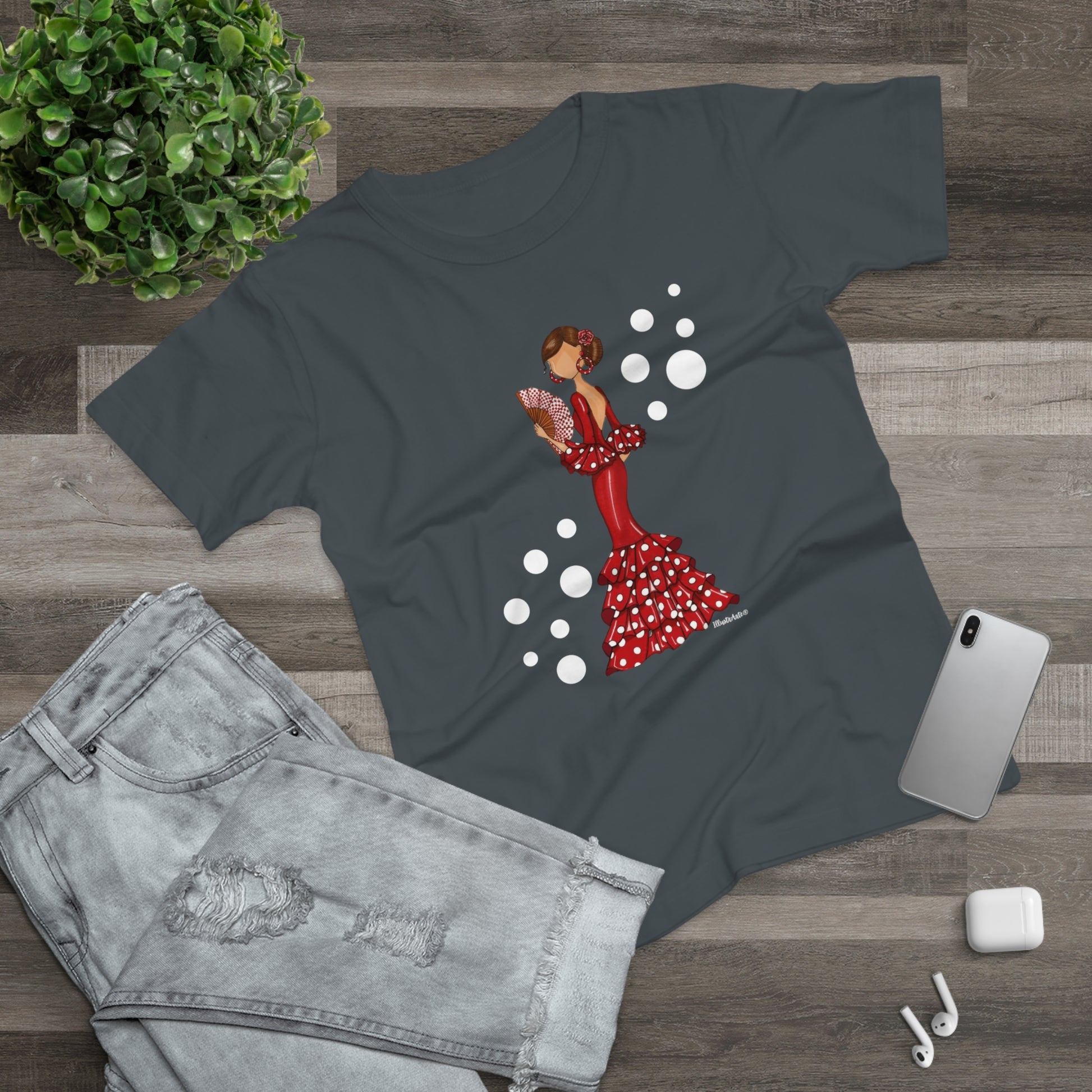 a t - shirt with a picture of a woman in a polka dot dress