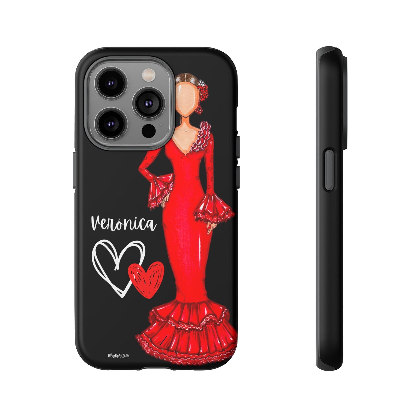 una funda de teléfono con una mujer con un vestido rojo