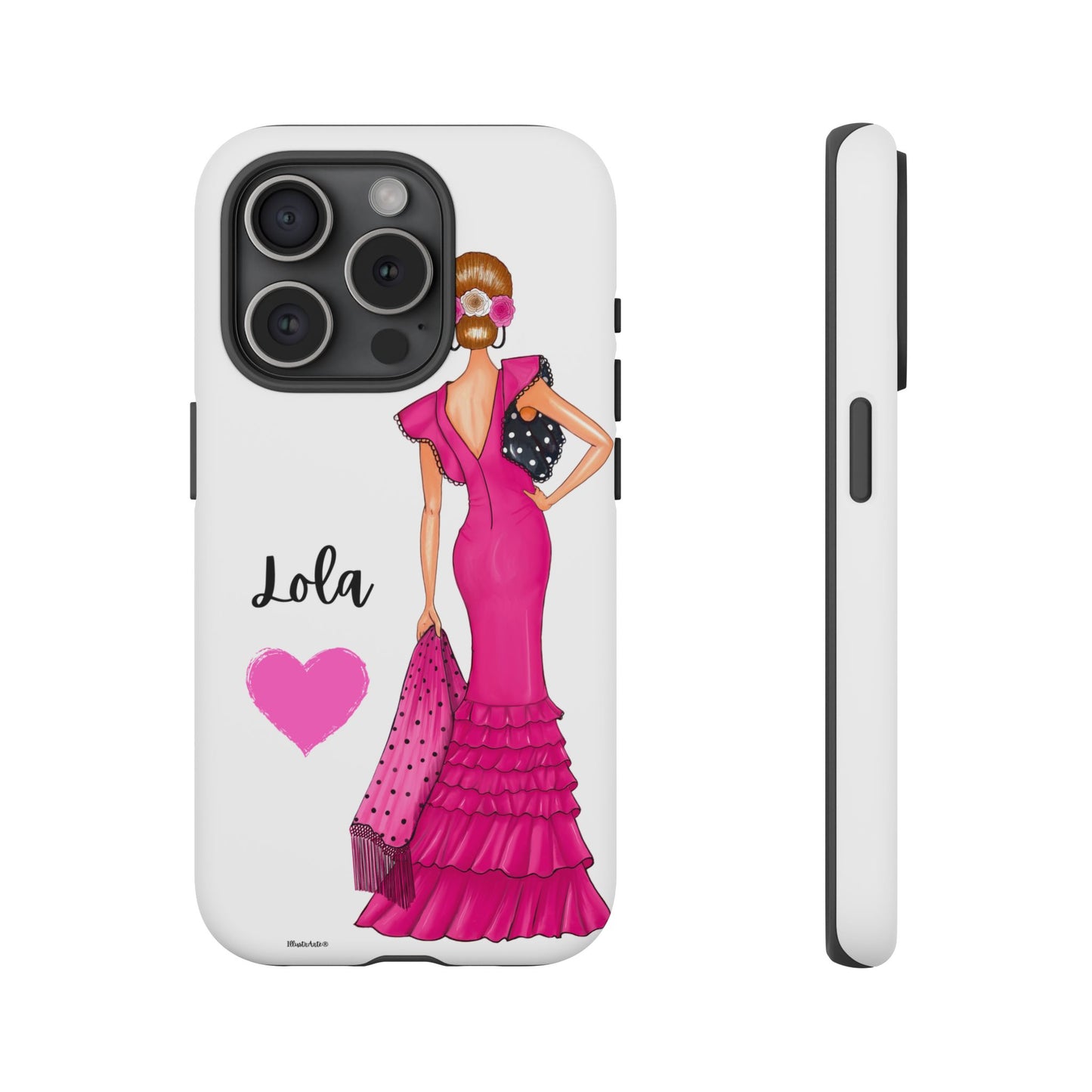 una funda para teléfono con una mujer en un vestido rosa