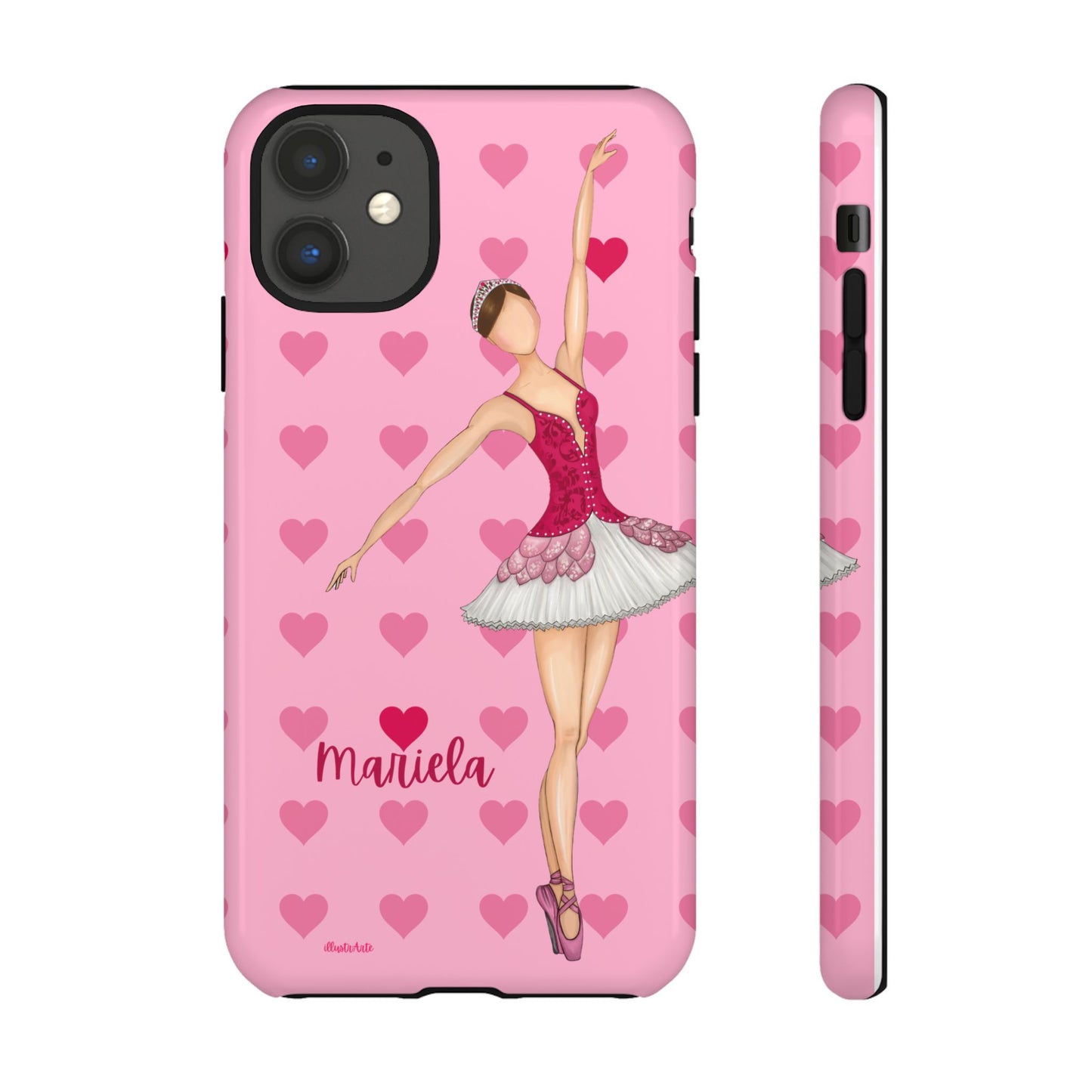 una funda de teléfono rosa con una bailarina en ella