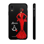 Personalised phone case flamenco dancer María, dark hair, with a little Virgin Mary for iPhone XR, gloss finish – illustrArte