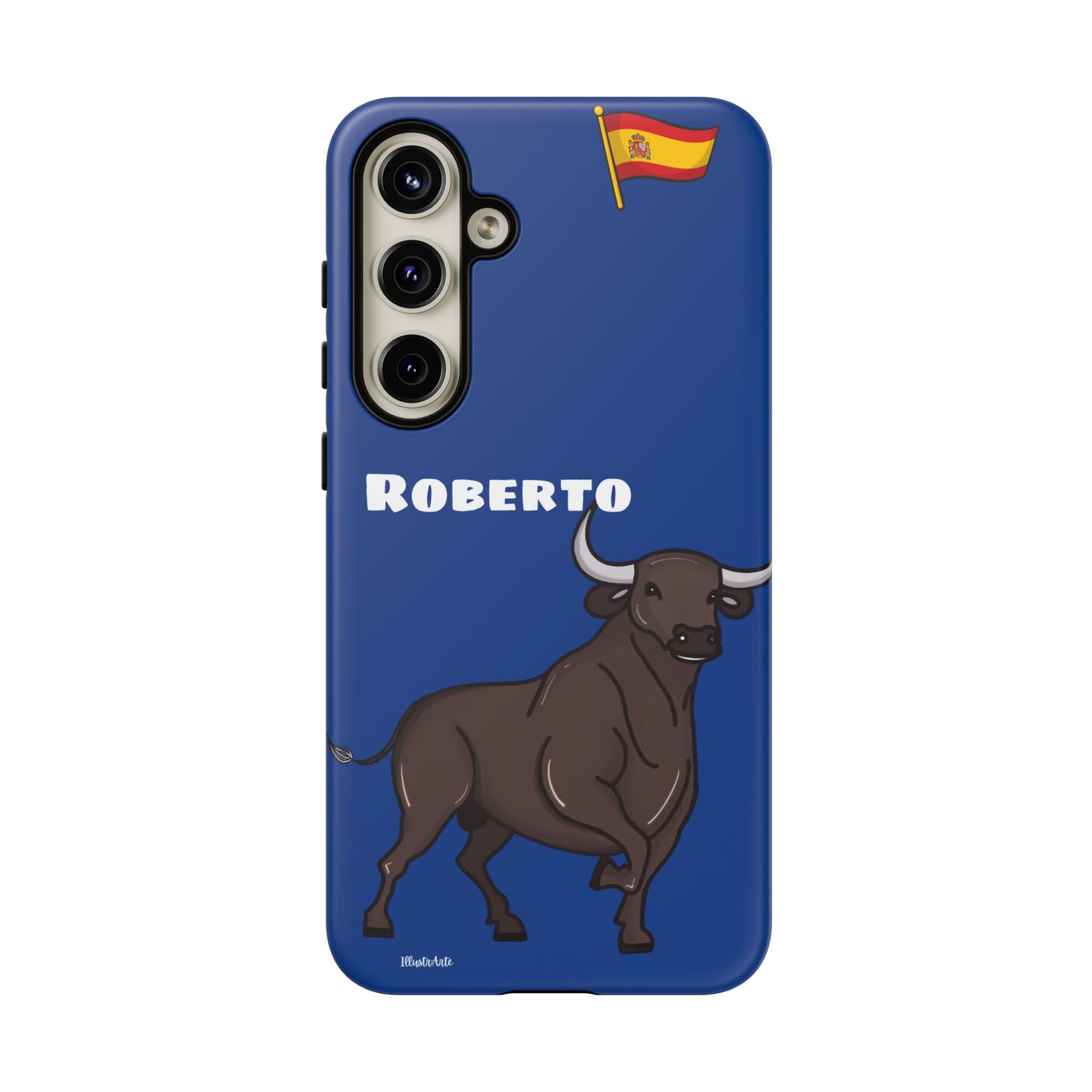 Detalle de la funda de teléfono personalizable con nombre/bandera/Virgen - Modelo Toro Roberto, mostrando su elegancia.