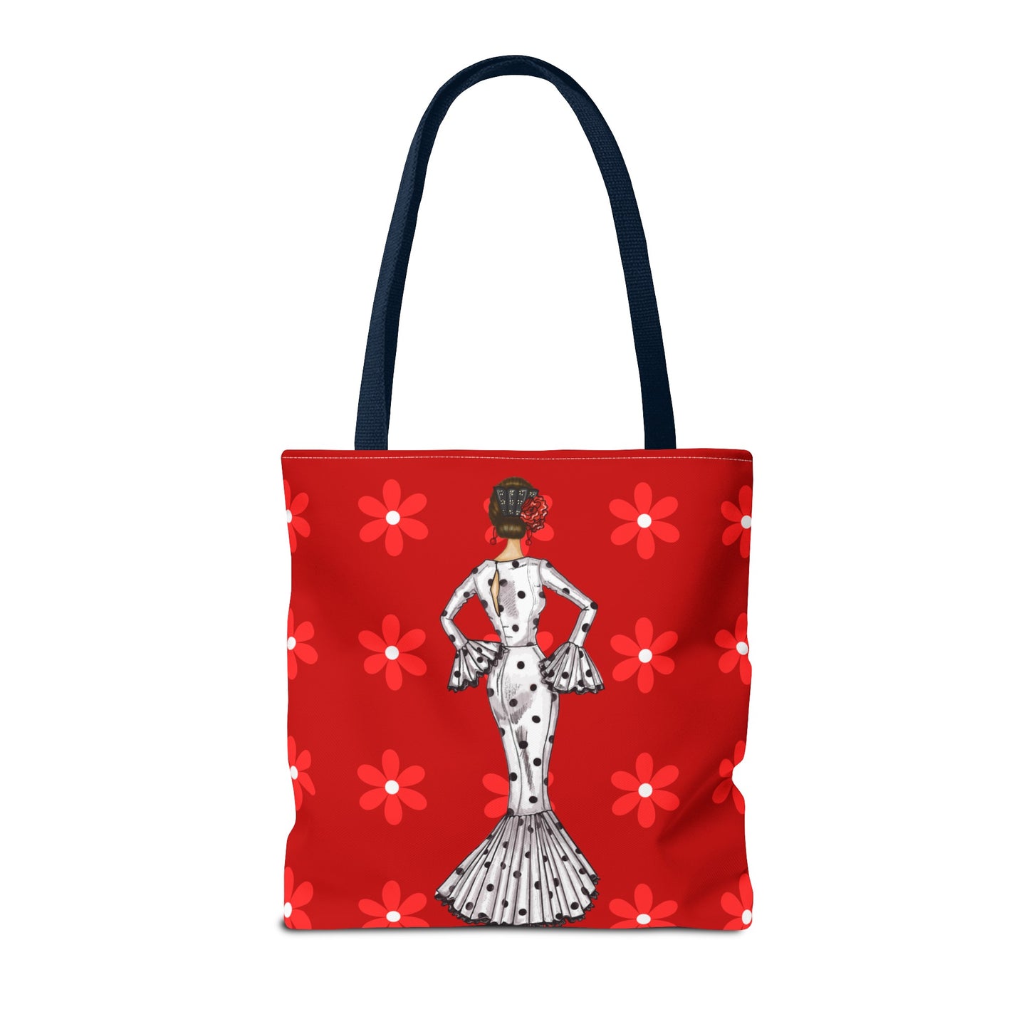 a red tote bag with a picture of a woman on it