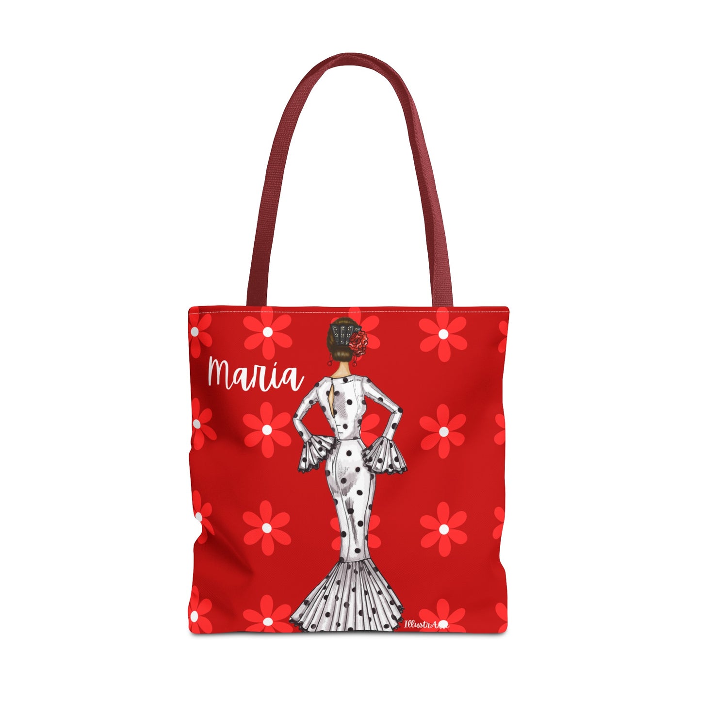 a red tote bag with a picture of a woman on it