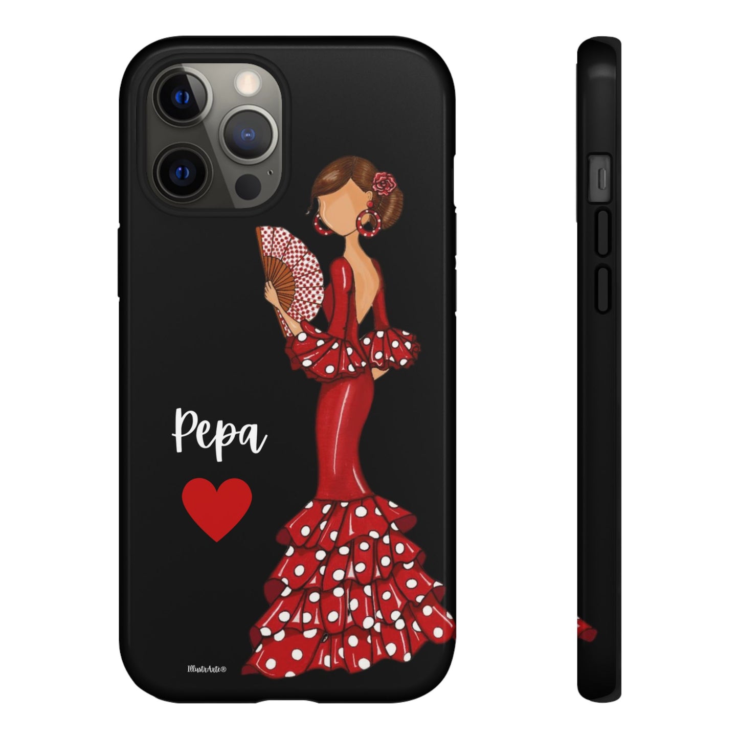 una funda de teléfono con una mujer en un vestido rojo sosteniendo un abanico