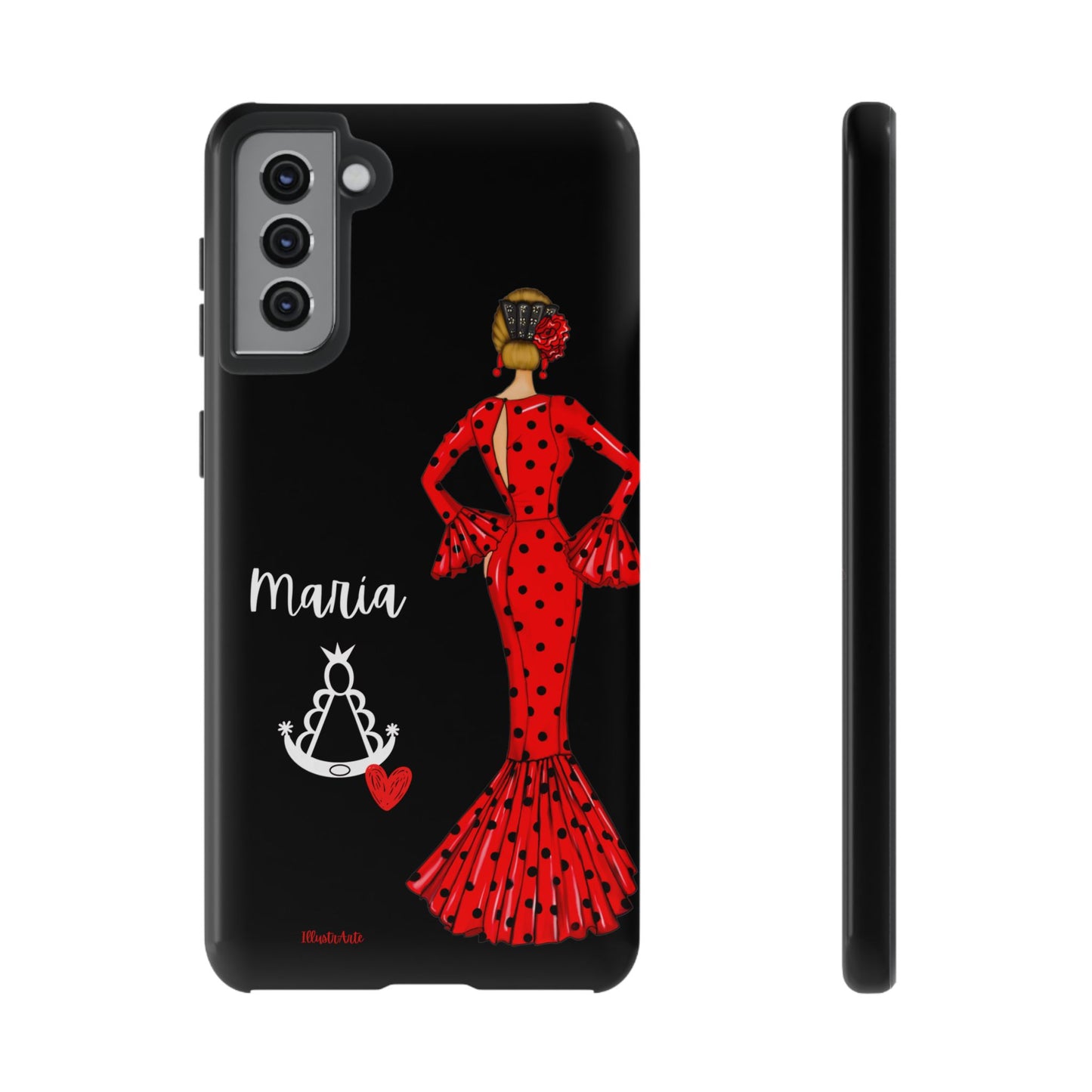 una funda de teléfono con una mujer en un vestido rojo