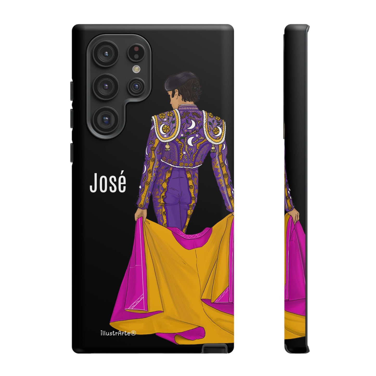Personalized phone case featuring bullfighter José on a green background – for iPhone, Samsung, Pixel