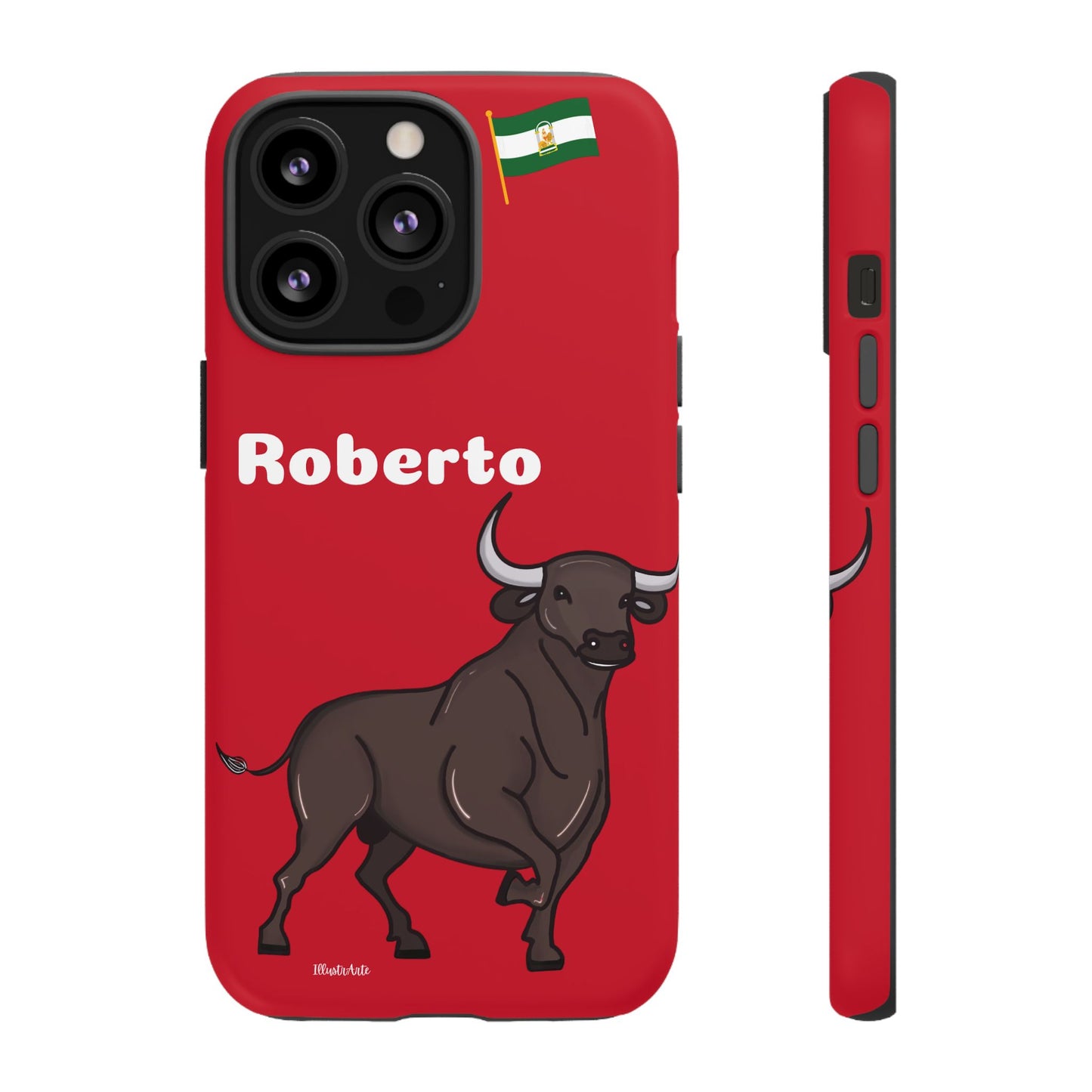 una funda de teléfono roja con un toro en ella