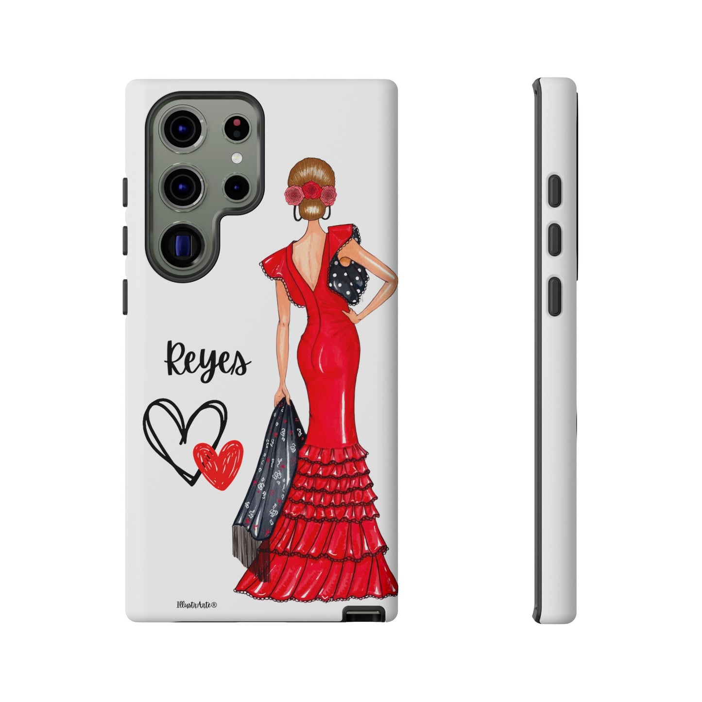 una funda de teléfono con una mujer en un vestido rojo