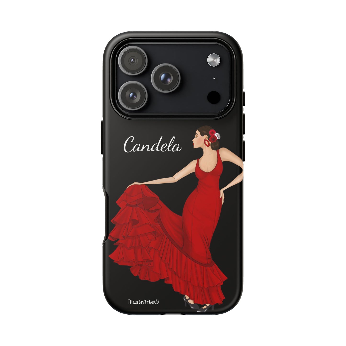 Capa de telefone personalizável. Modelo Candela com fundo preto. Para iPhone, Samsung Galaxy S e Google Pixel. 
