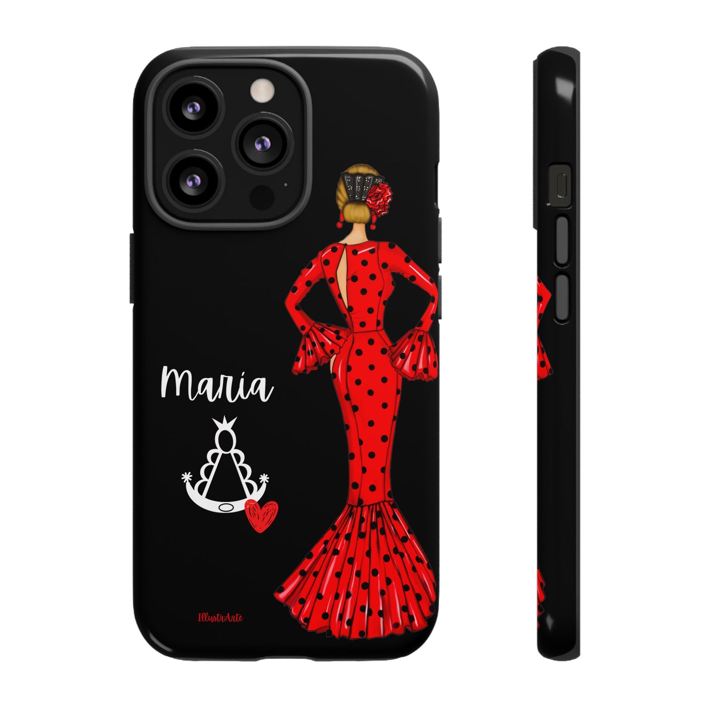 una funda de teléfono con una mujer en un vestido rojo