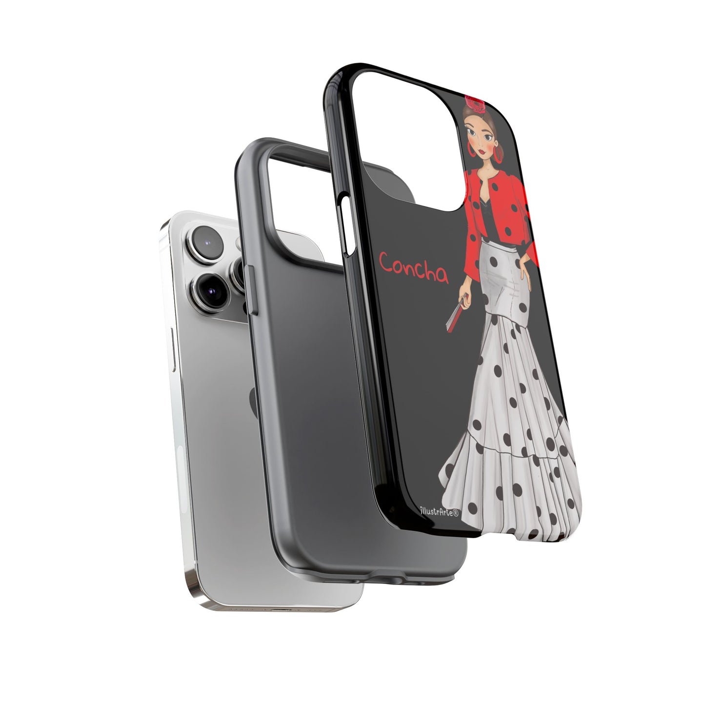 Funda de teléfono personalizable con nombre/bandera/Virgen - Modelo Conchita fondo negro. Para iPhone, Samsung Y Google Pixel