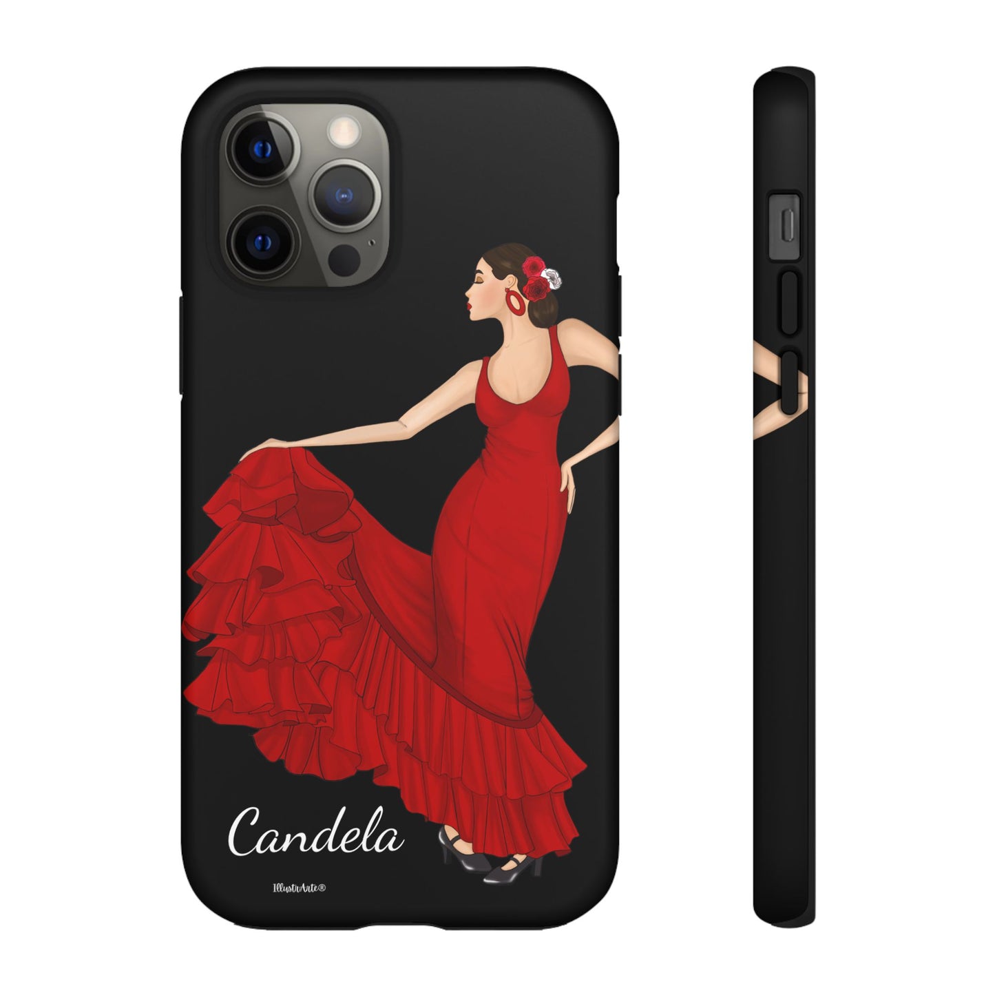 una funda de teléfono con una imagen de una mujer en un vestido rojo