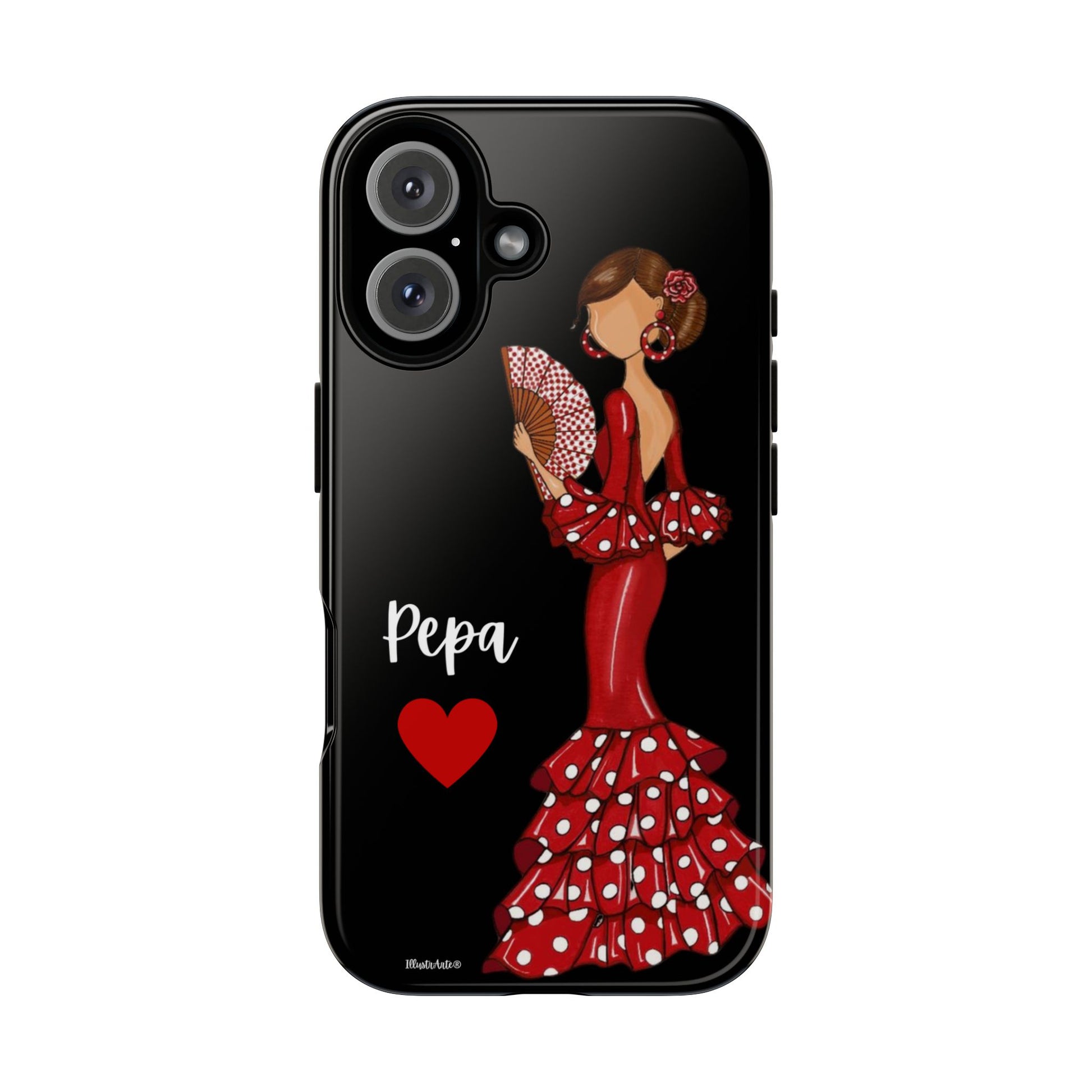 una funda de teléfono con una mujer en un vestido rojo