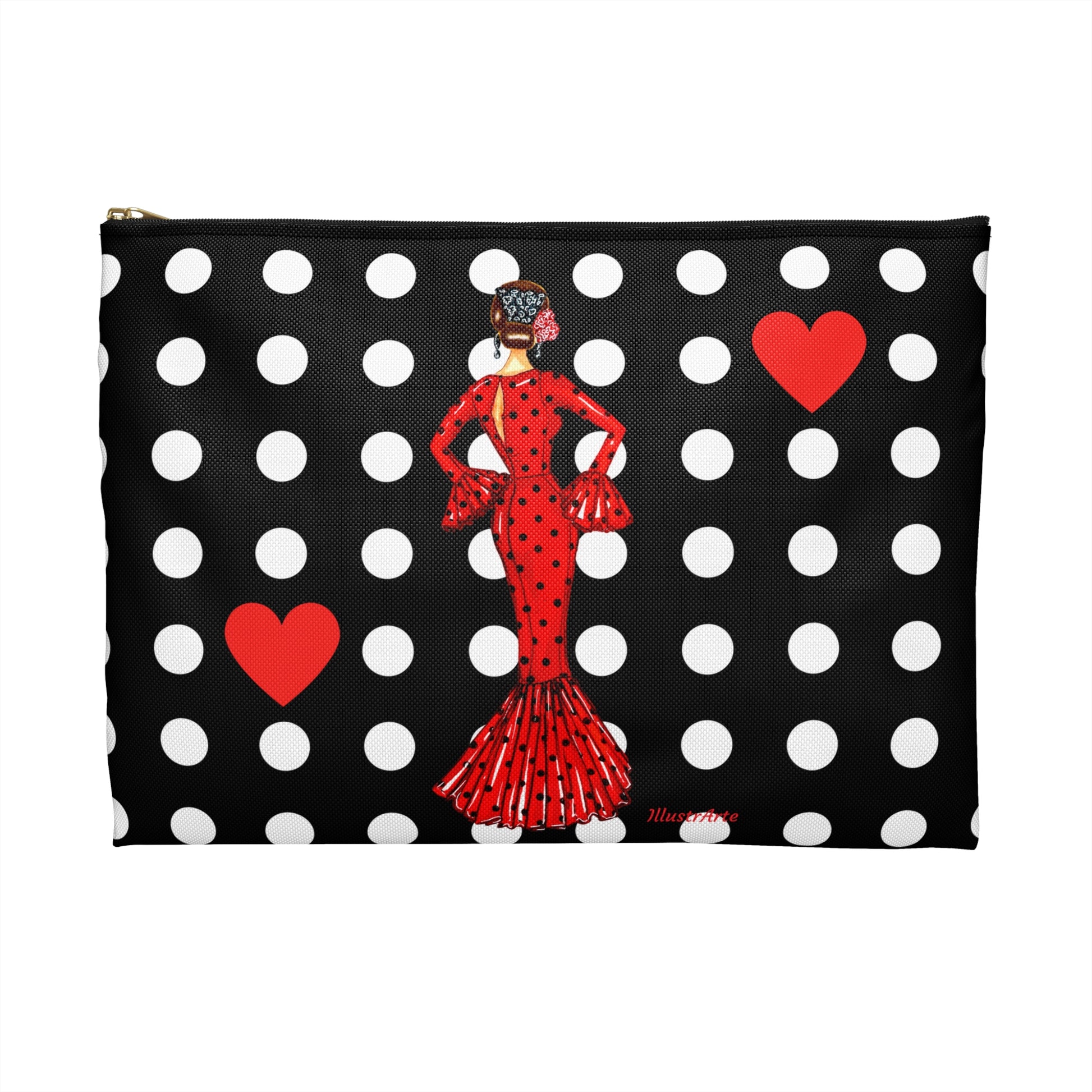 a black and white polka dot bag with a lady in a red dress