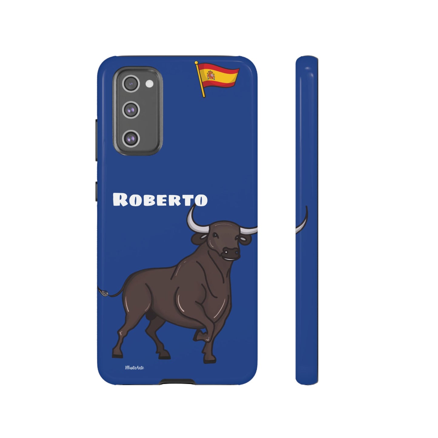 Vista frontal de la funda de teléfono personalizable con nombre/bandera/Virgen - Modelo Toro Roberto, mostrando su uso cotidiano.