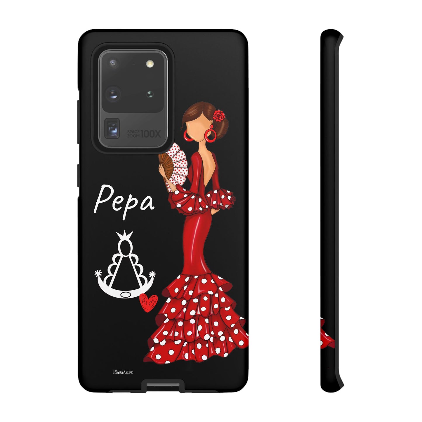 una funda de teléfono con una mujer en un vestido rojo