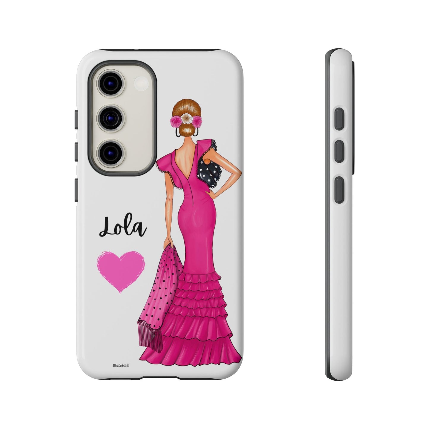 una funda para teléfono con una mujer en un vestido rosa