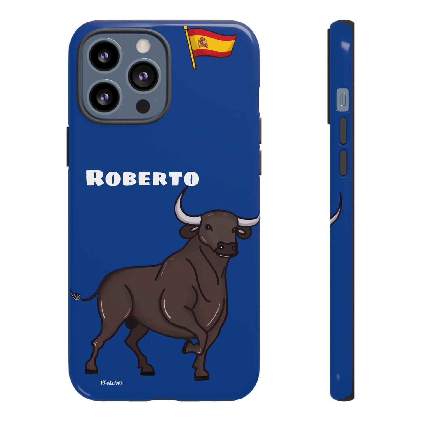 una funda de teléfono azul con un toro en ella