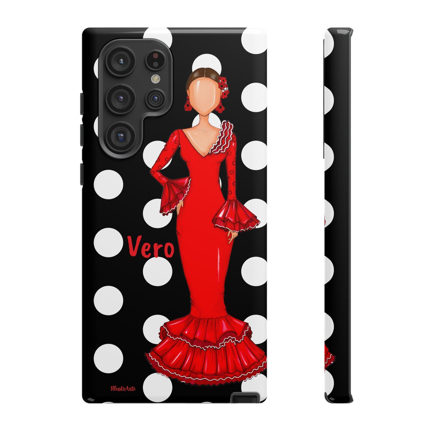 una funda de celular con una mujer en un vestido rojo