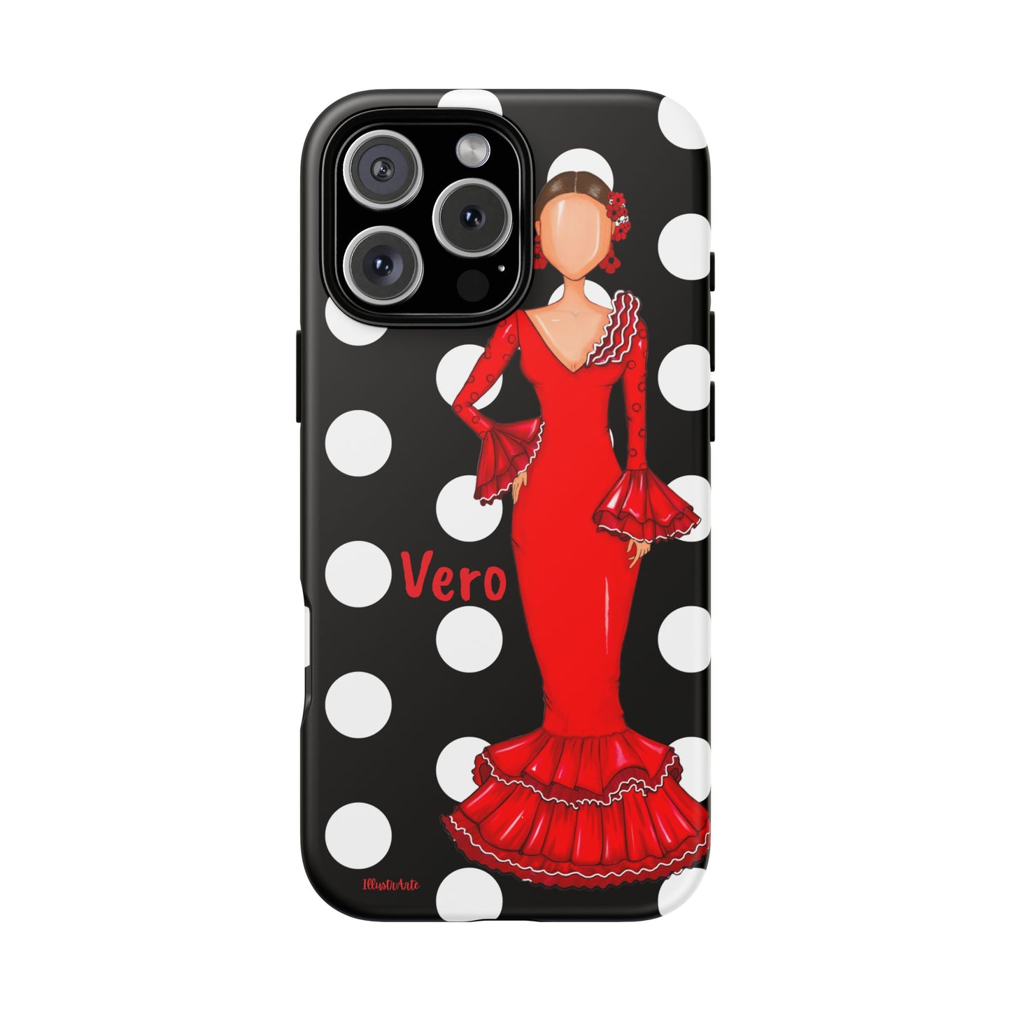 una funda para teléfono con una mujer en un vestido rojo