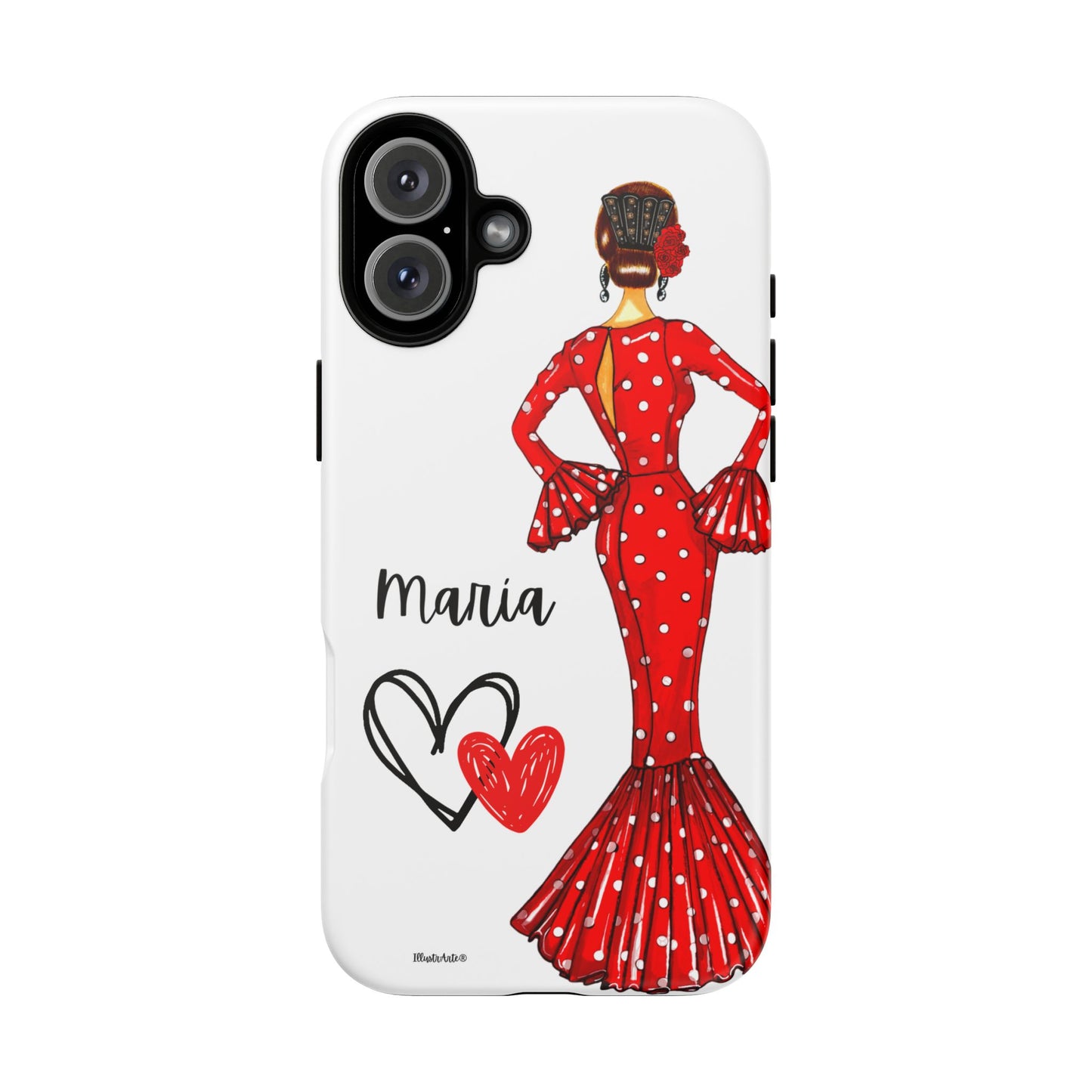 una funda de teléfono con una mujer en un vestido rojo