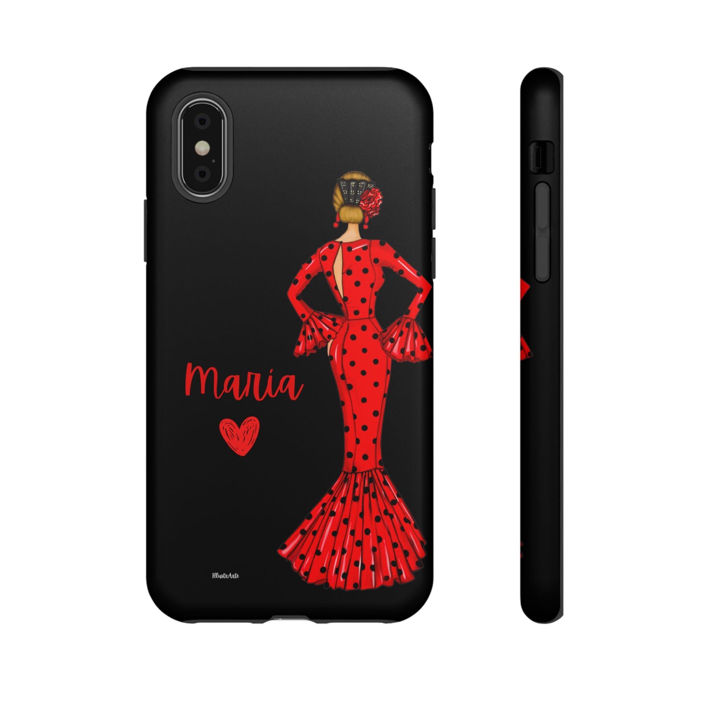 una funda de teléfono con una mujer en un vestido rojo