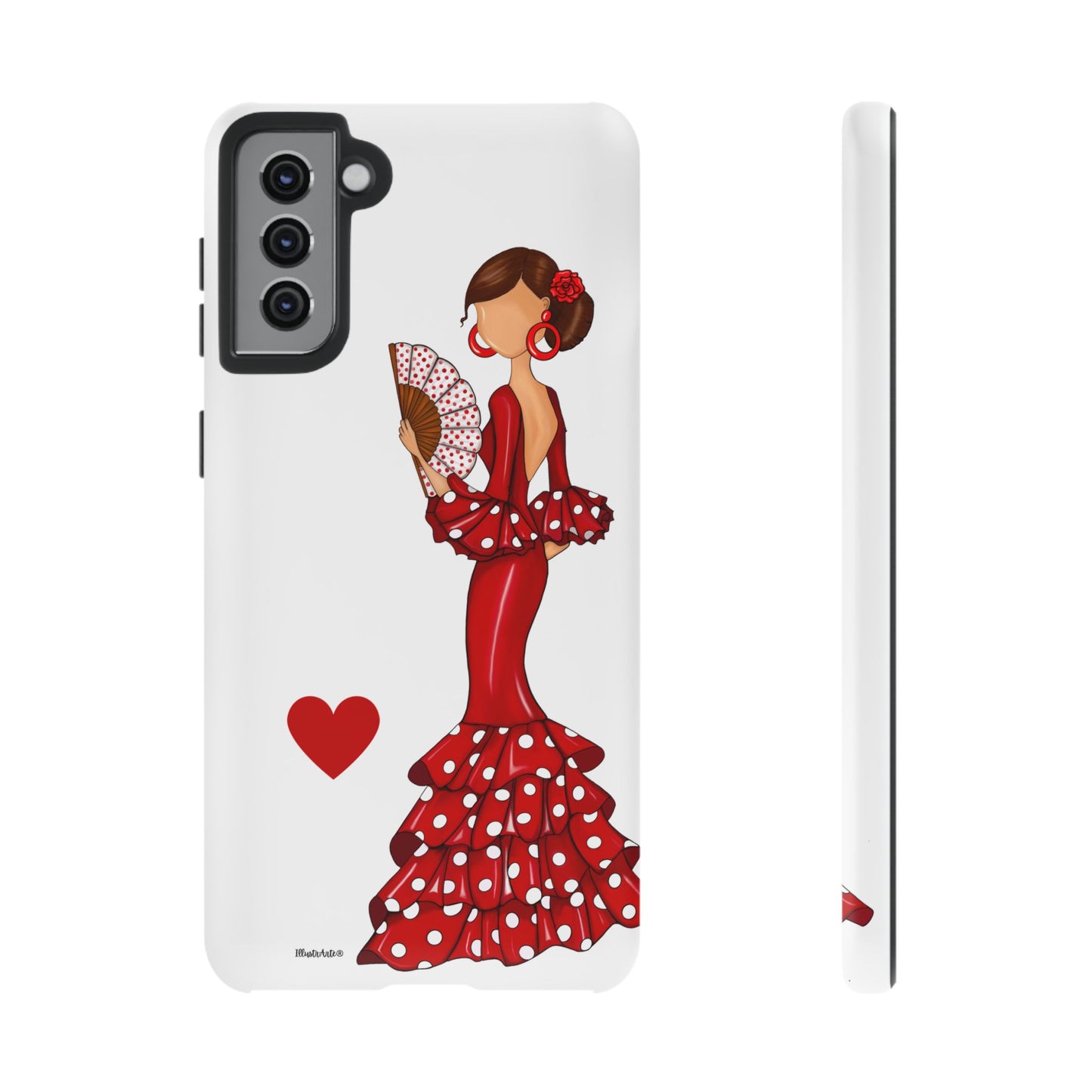 una funda de teléfono con una mujer en un vestido rojo