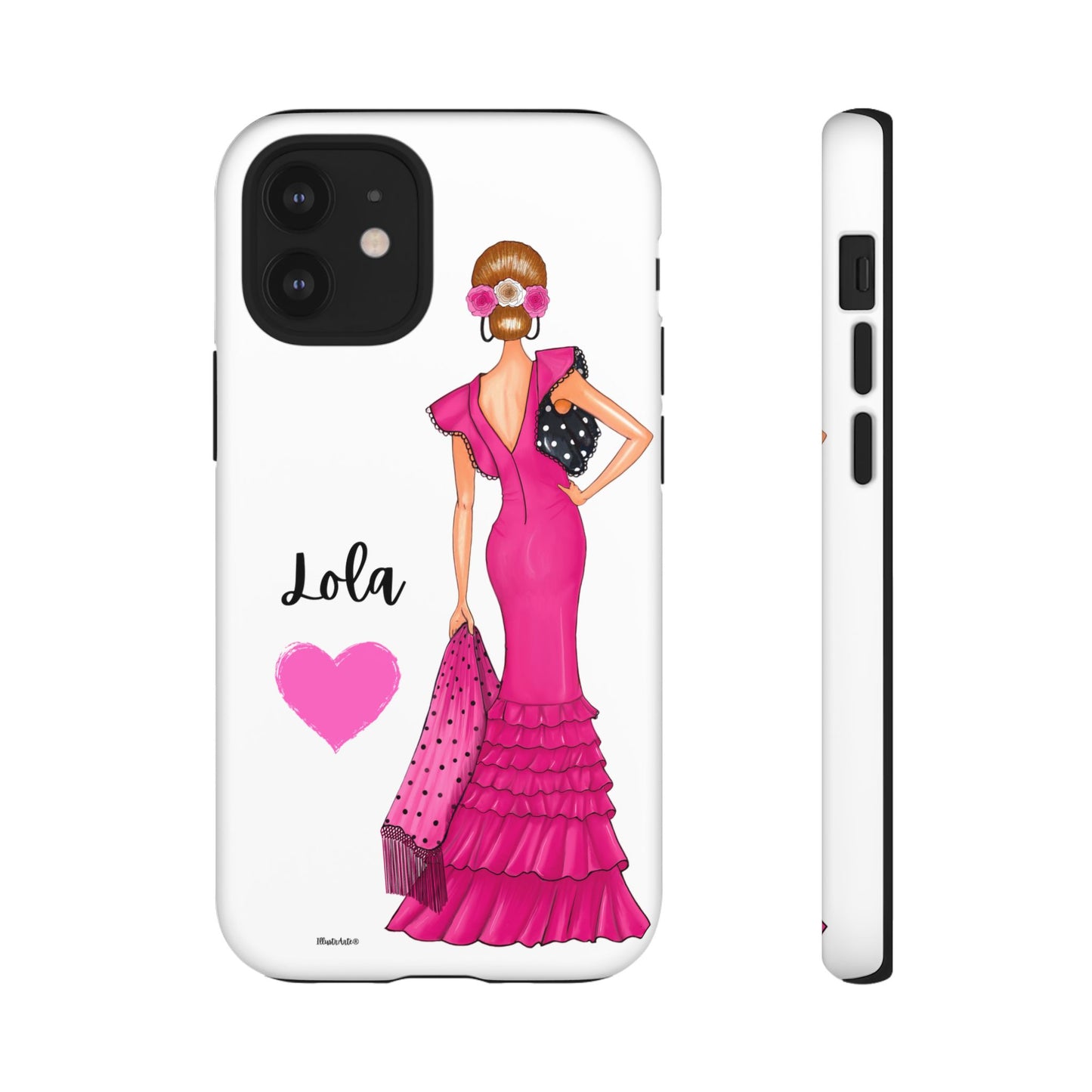 Funda de teléfono personalizable con nombre/bandera/Virgen - Modelo Manuela vestido rosa destacando su suave acabado.