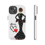 Personalised phone case flamenco dancer María, black dress for iPhone 15, gloss finish – illustrArte