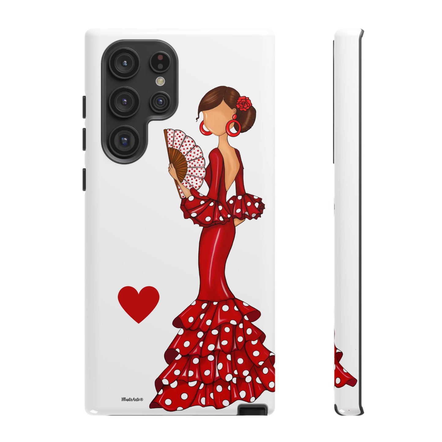 una funda de teléfono con una mujer en un vestido rojo sosteniendo un abanico