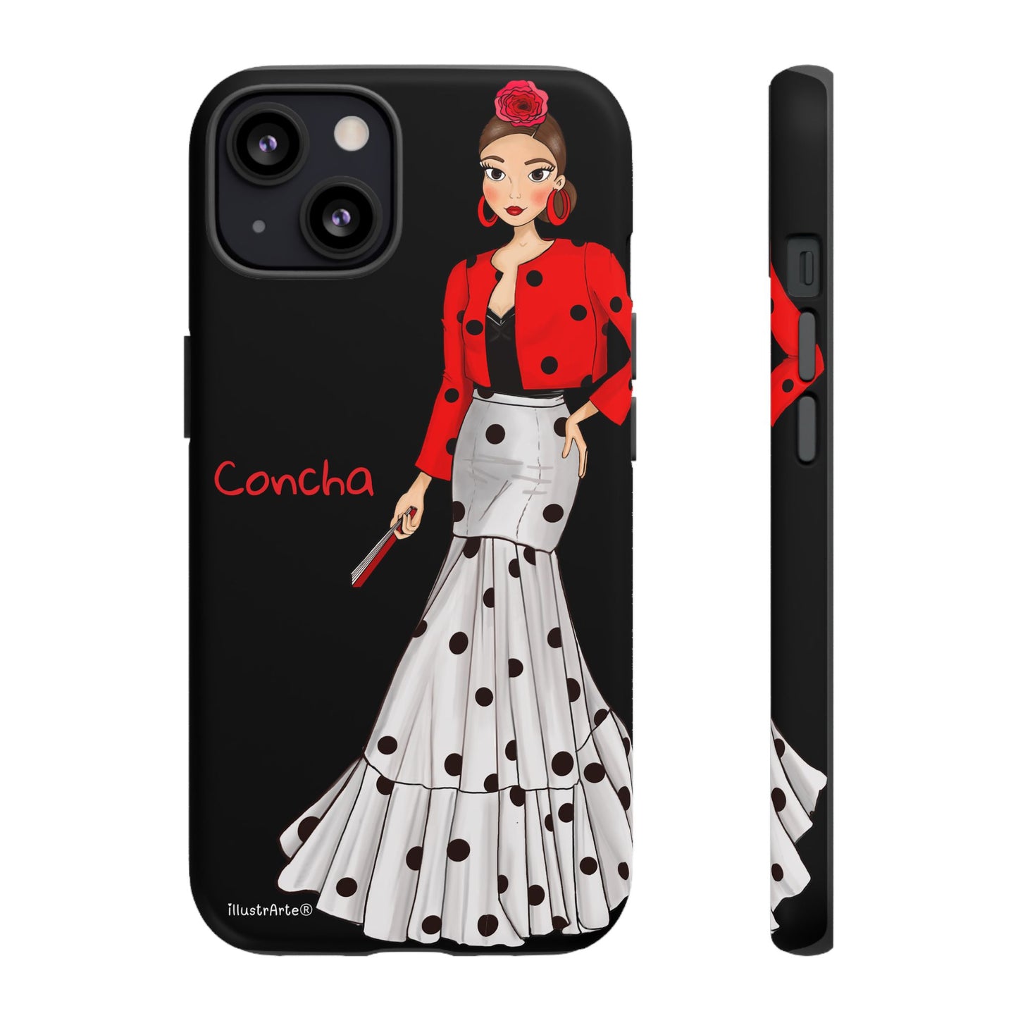 Funda de teléfono Modelo Conchita fondo negro con texto personalizable.