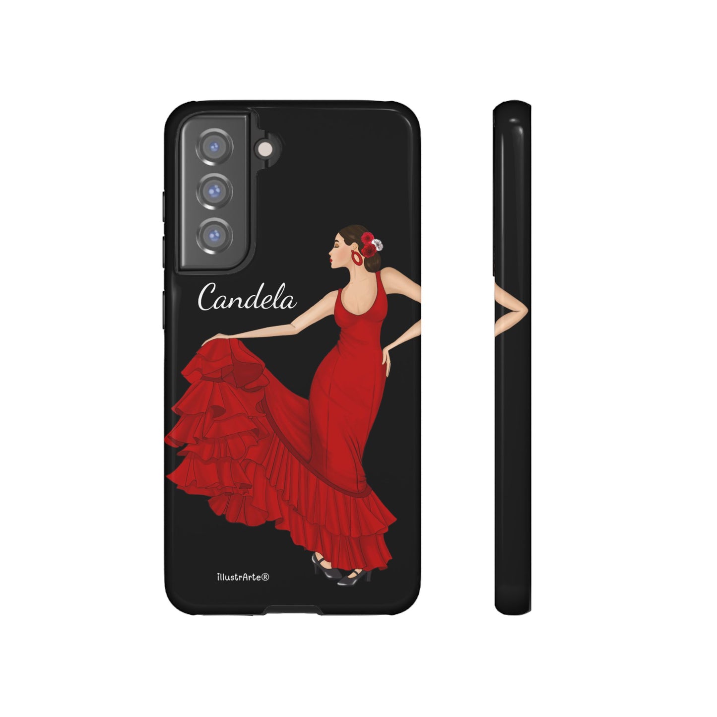 Capa de telefone personalizável. Modelo Candela com fundo preto. Para iPhone, Samsung Galaxy S e Google Pixel. 