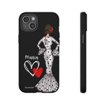 Personalised phone case flamenco dancer María, white dress for iPhone 15 Plus, matte finish – illustrArte