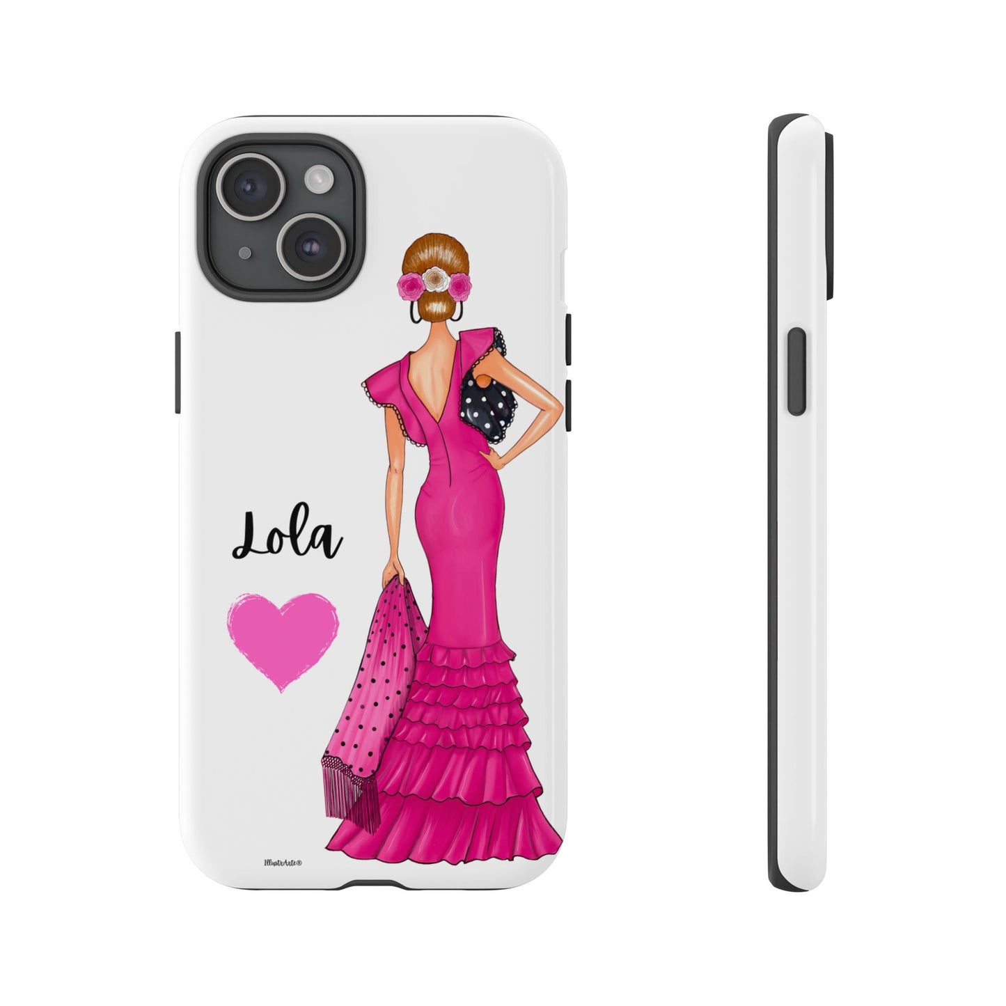 Funda de teléfono personalizable con nombre/bandera/Virgen - Modelo Manuela vestido rosa diseñada para cada personalidad.