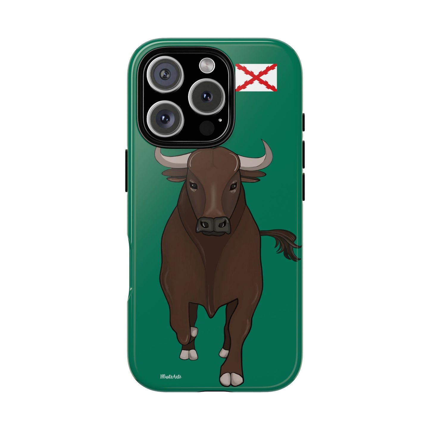 una funda de teléfono con una imagen de un toro en ella