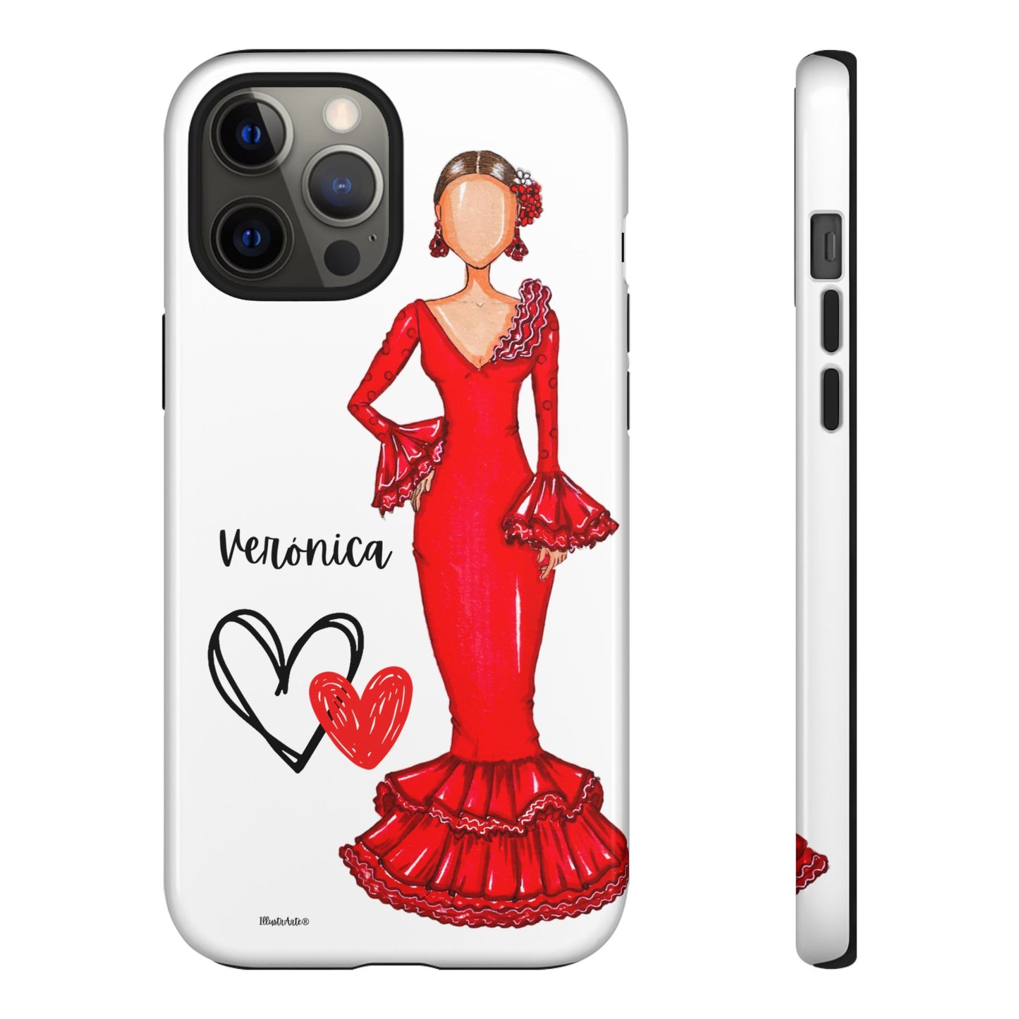 una funda de teléfono con una mujer en un vestido rojo