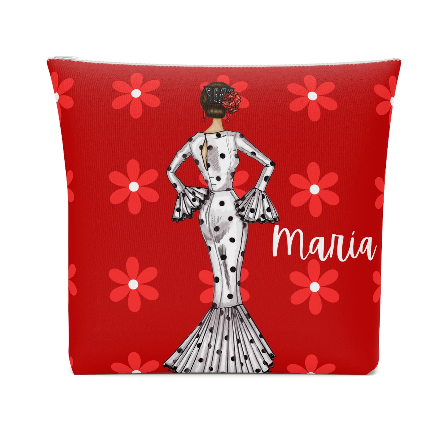 a red pillow with a picture of a woman on it