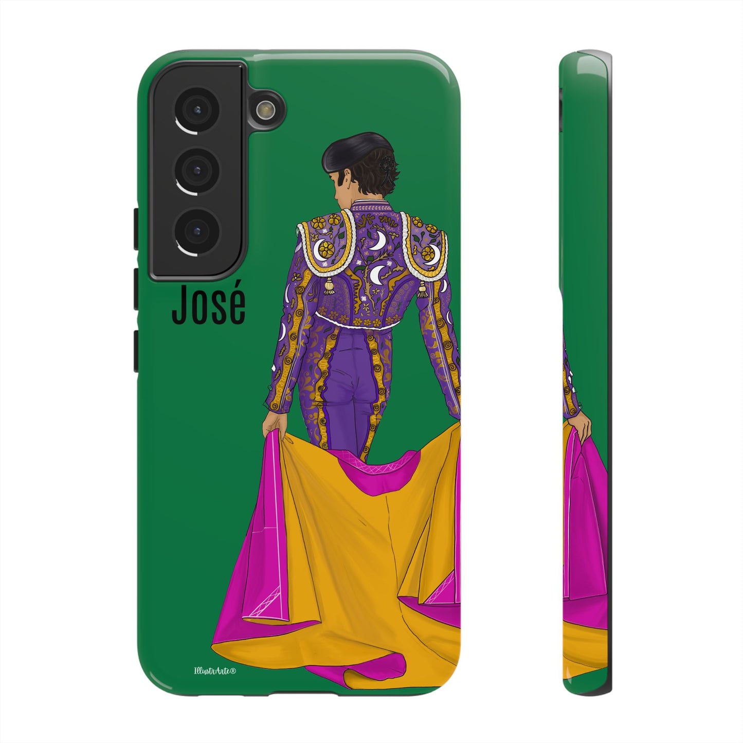 una funda de teléfono con un dibujo de una mujer en un vestido púrpura y amarillo