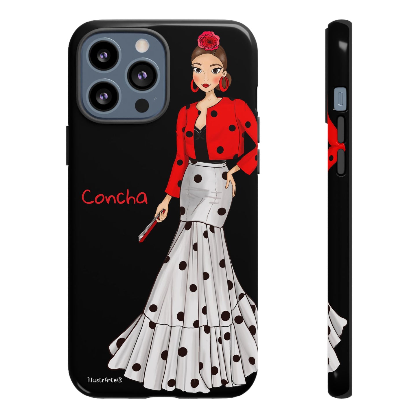 Funda de teléfono personalizable con acabados mate y brillante - Modelo Conchita fondo negro.