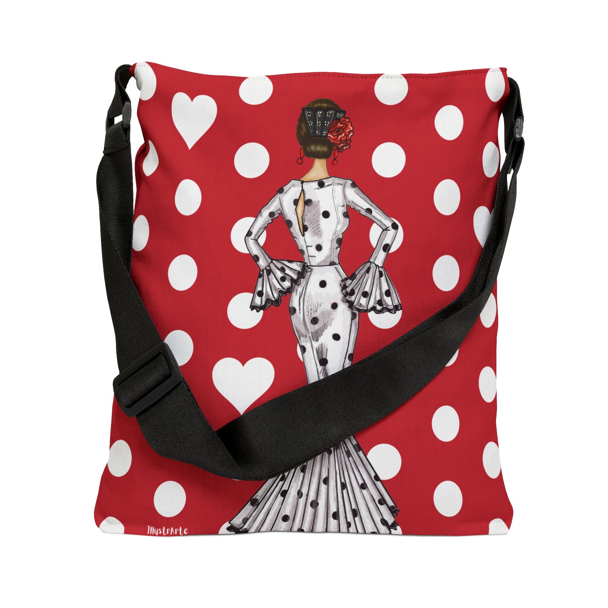 a red and white polka dot purse with a picture of a woman on it