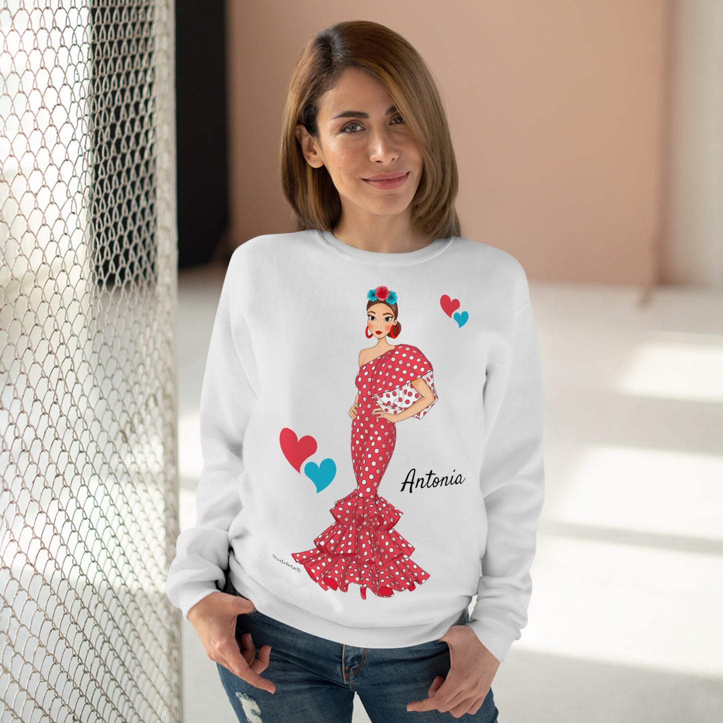 Sudadera Personalizable  - Flamenca Antonia, fondo blanco - Arte, color y comodidad en una sola prenda