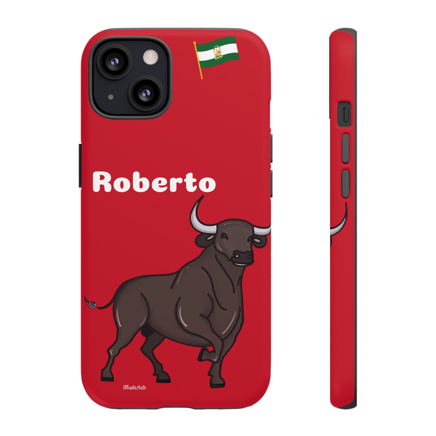 una funda de teléfono roja con un toro en ella