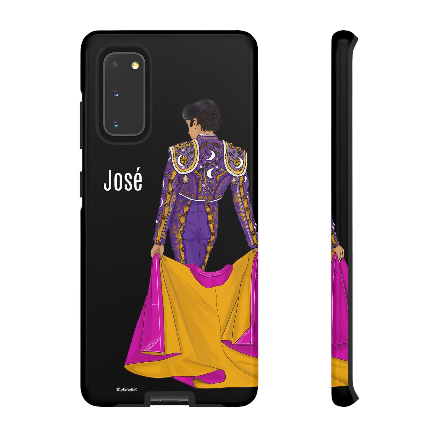 una funda de teléfono con una imagen de una mujer en un traje morado y amarillo