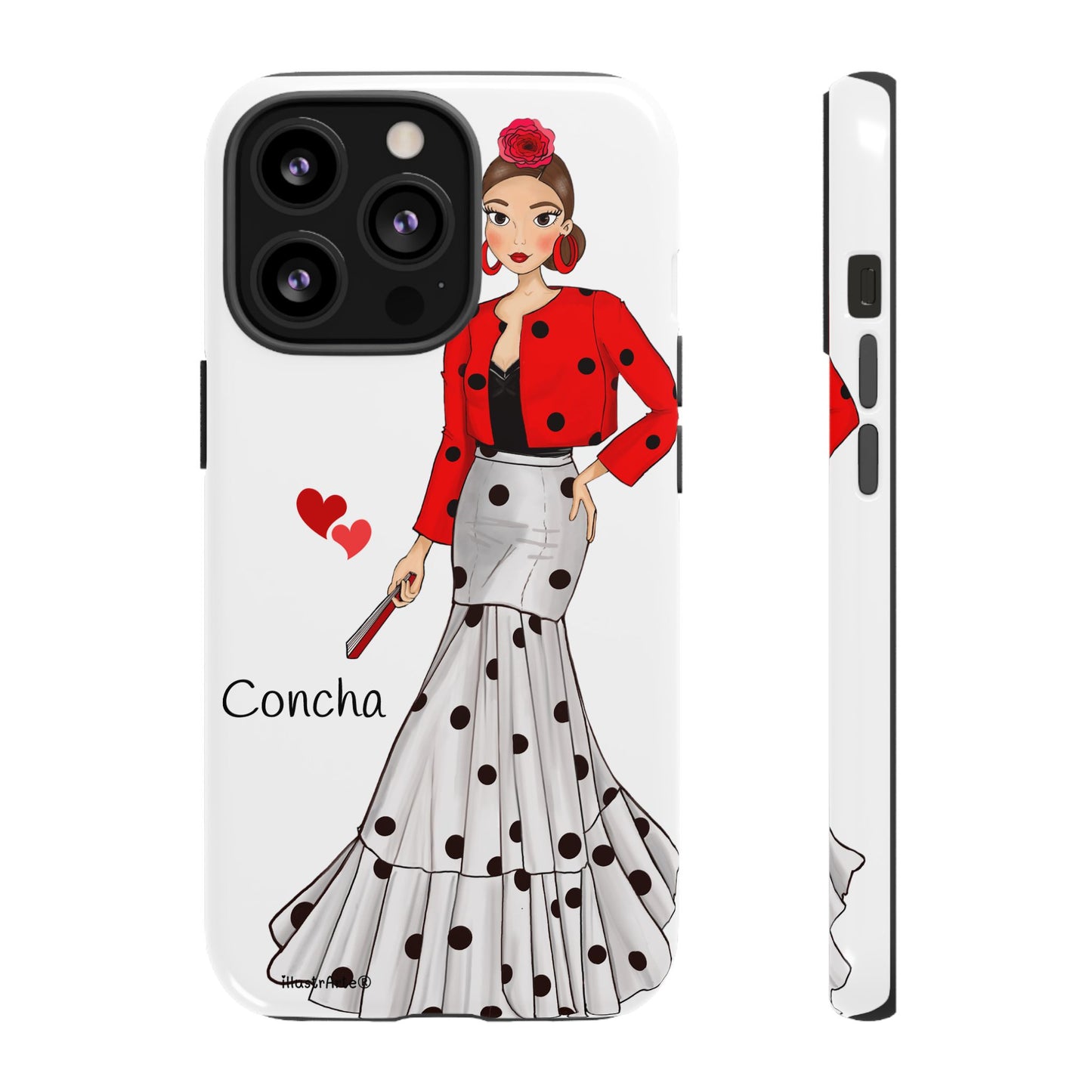 Modelo Conchita de la funda de teléfono personalizable con nombre y diseño especial, ideal para mantener tu dispositivo protegido.